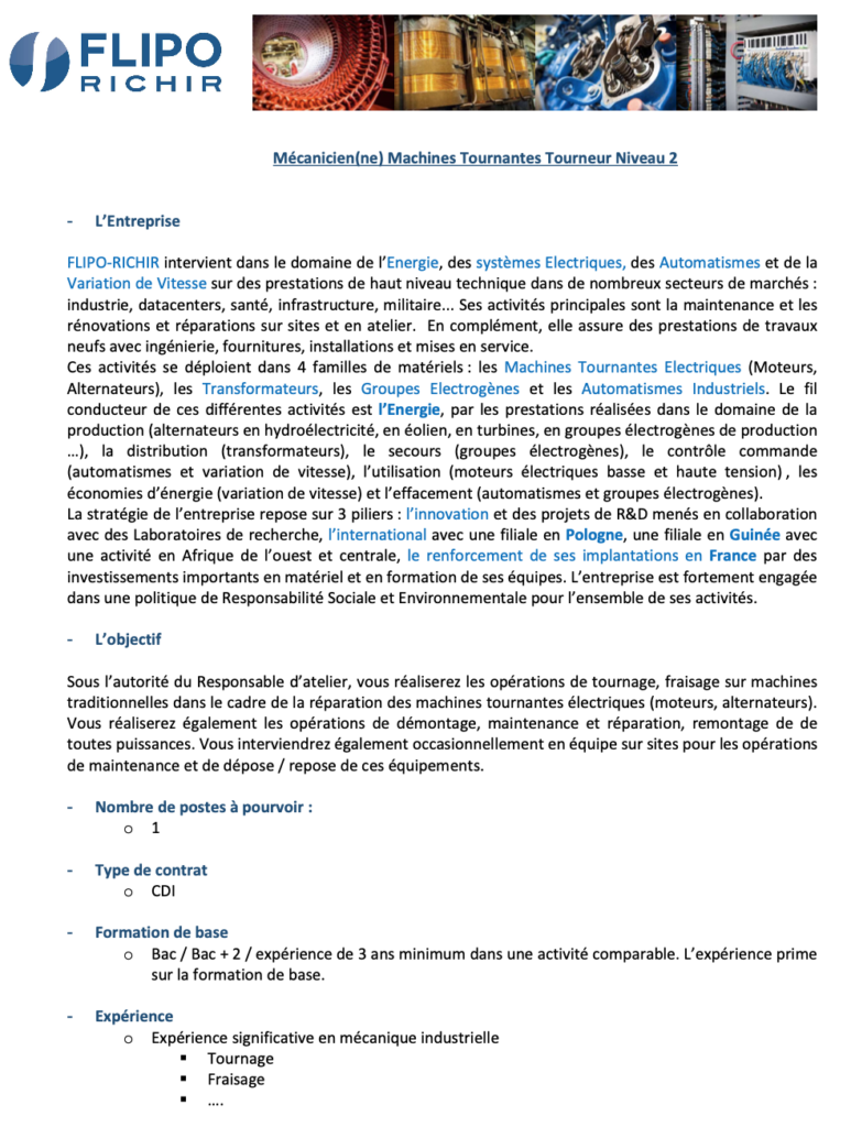 Mécanicien(ne) Machines Tournantes Tourneur Niveau 2