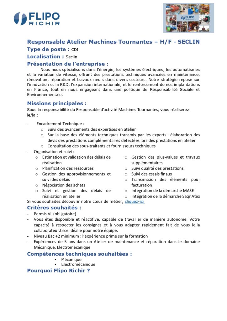 Responsable d'atelier machines tournantes - Flipo Richir